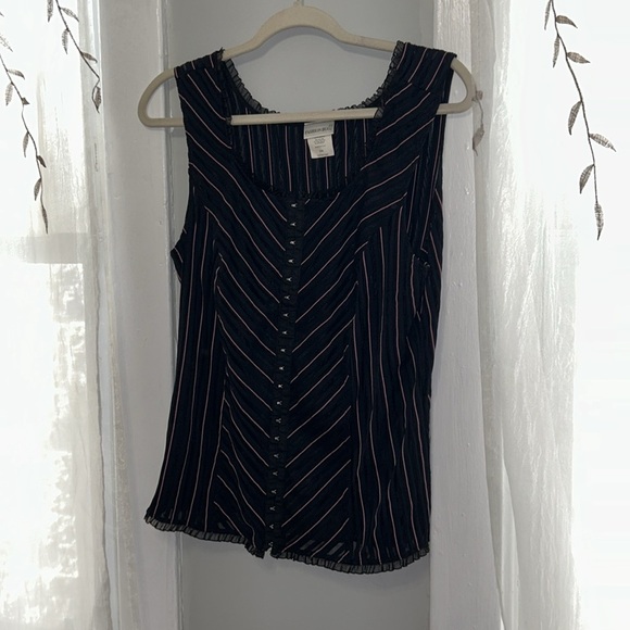 Fashion Bug Pin Stripe y2k Grunge Pink Black Tank Top Lace Neckline Faux Corset - Picture 2 of 10